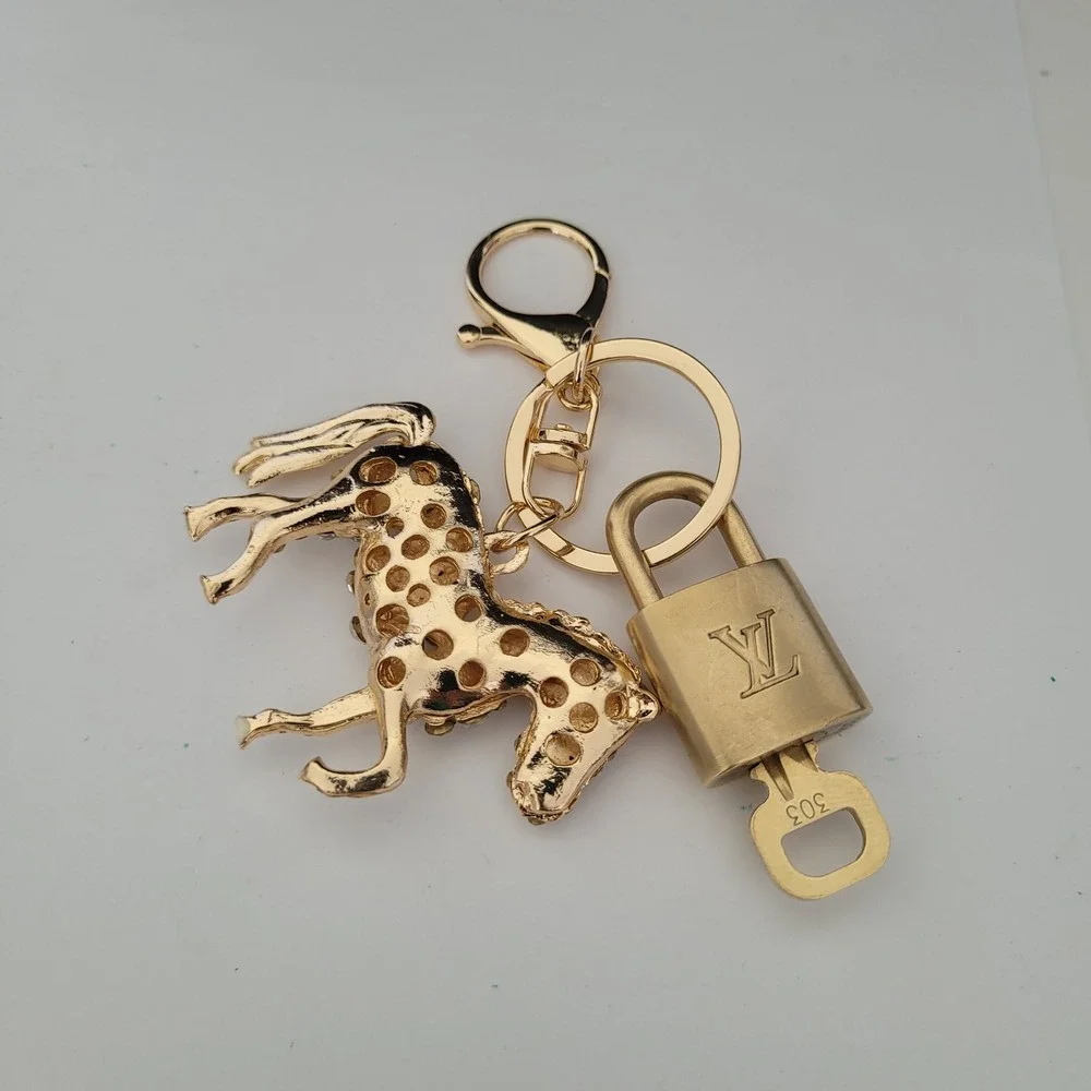 Louis Vuitton Padlock 303 & Rhinestone Horse Bag Charm Keychain Gold Tone